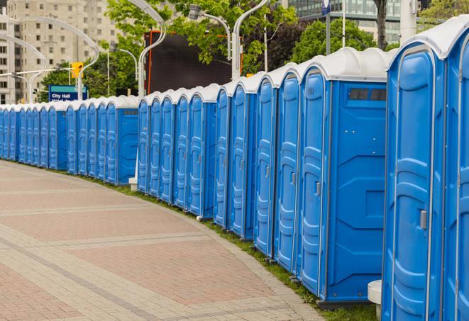 a fleet of portable restrooms ready for use at a large outdoor wedding or celebration in Bartlett